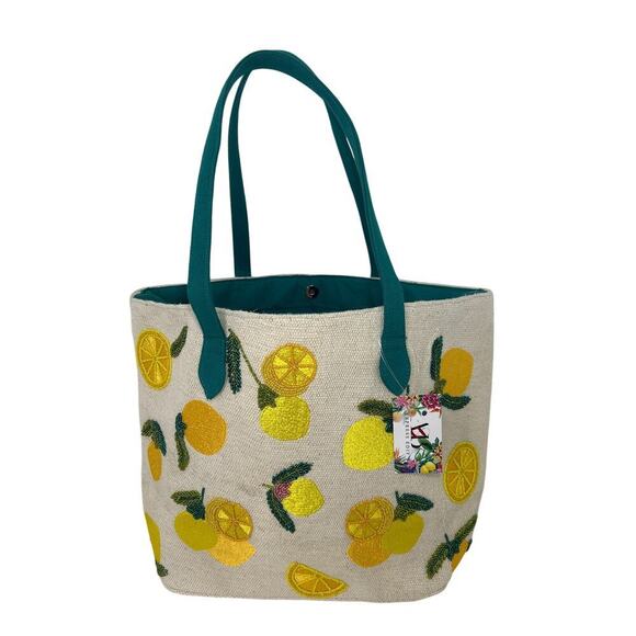 AMERICAN & BEYOND TOTE-LEMON YELLOW HAND BEADED TOTE - Picture 3 of 8